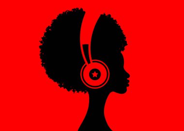 Afro kız kulaklıkla müzik dinliyor. Müzik terapisi. Genç bir Afro-Amerikan kadının profili. Müzisyen avatar bakış açısı. Kırmızı arkaplanda izole edilmiş vektör düz illüstrasyon