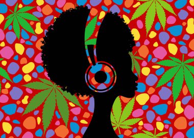 Afro kız kulaklıkla müzik dinliyor. Müzik terapisi. Genç bir Afro-Amerikan kadının profili. Müzisyen avatar bakış açısı. Renkli retro kenevir arka planında izole edilmiş vektör düz illüstrasyon
