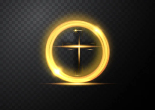 Kříž Světla Lesklý Kříž Zlatým Kruhovým Symbolem Křesťanství Symbol Naděje — Stockový vektor