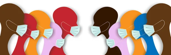 Pandemia Coronavirus Covid Banner Con Personas Diferentes Nacionalidades Máscaras Médicas — Vector de stock