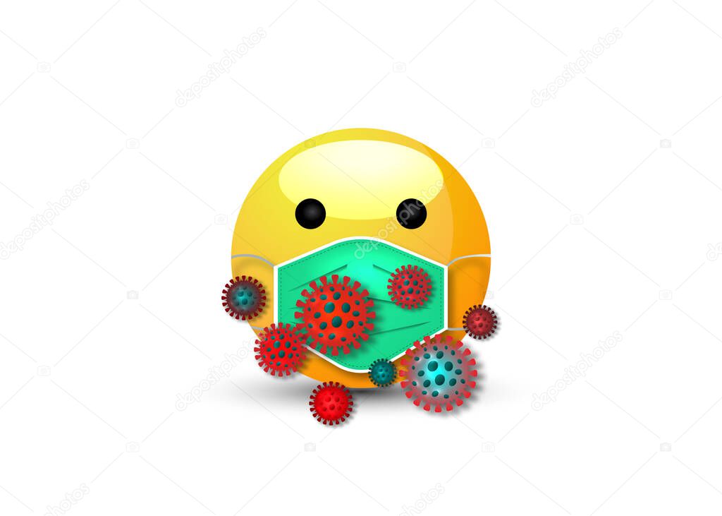 3d cartoon bubble emoticon face with medical mask for chat comment reactions on social media, cute emoji with surgical mask that protects against coronaviruses around, vector isolated on white