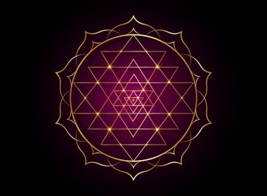 mystical mandala of Sri Yantra for your design. Golden sacred geometry and alchemy symbol blooming in a gold lotus flower, vector isolated on white background  clipart