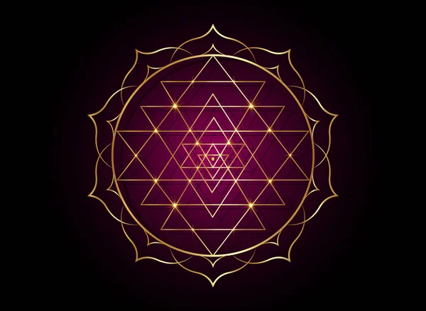 为您的设计制作了斯里兰卡延特拉的神秘曼陀罗 金色神圣的几何图形和金莲花中的炼金术符号盛开 矢量在白色背景上隔绝 — 图库矢量图片