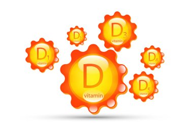 D vitamini grubu. D, D1, D2, D3, D4 ve D5 sarı kapsüllerinin maksimum içeriğine sahip güneş simgesi doğal organik ürünler. Vektör izole veya beyaz arkaplan 
