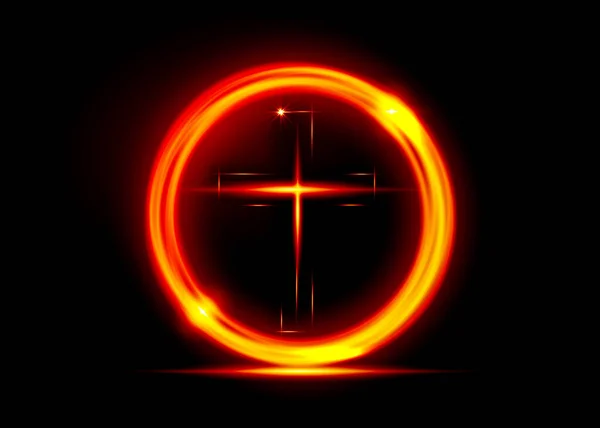 Cross Light Shiny Cross Golden Frame Orange Fire Symbol Christianity — Stock Vector