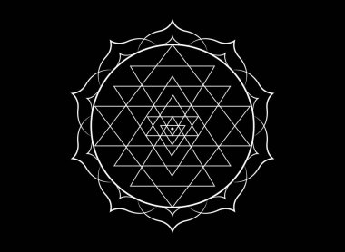 Tasarımın için Sri Yantra 'nın mistik mandala' sı. Beyaz kutsal geometri ve simya sembolü nilüfer çiçeğinde çiçek açıyor, vektör siyah arkaplanda izole edilmiş. 