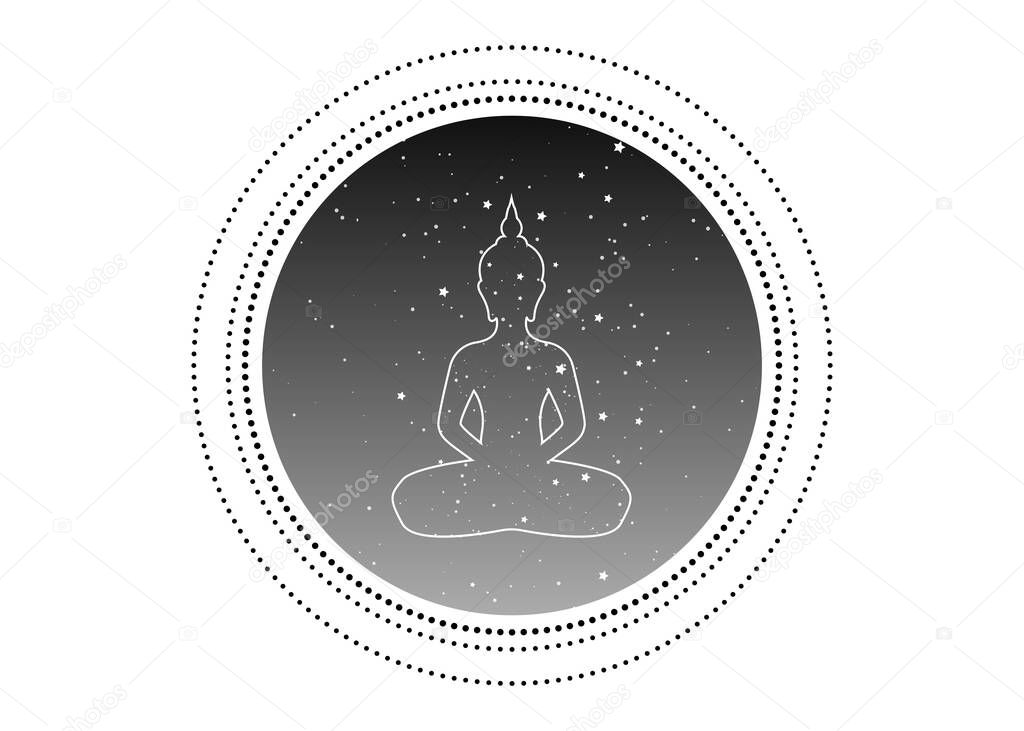 Yoga logo design for infographics and business. Mystical diadem in starry sky background icon, sacred geometry with a meditating buddha silhouette in the middle, vector illustration isolated on white