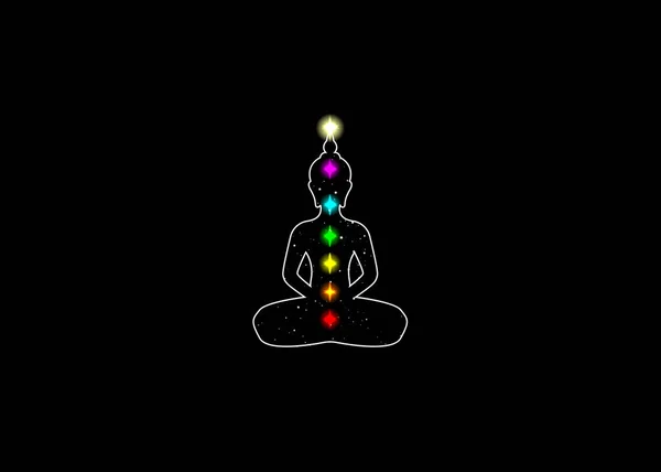 Nilüfer Çiçeği Pozunda Meditasyon Yapmak Yoga Illüstrasyonu Renkli Çakra Siyah — Stok Vektör