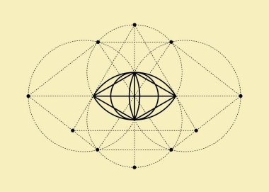 Vesica piscis Kutsal Geometri. Hepsi Gören Göz, üçüncü göz ya da Üçgen Piramidin içindeki Takdir-i İlahi. Phi mistik cennetinin gözü ve bej arka planda izole edilmiş toprak vektör çizimi 