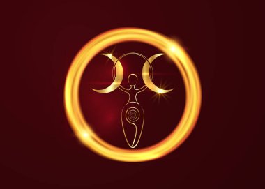 gold spiral goddess of fertility and triple moon Wiccan. The spiral cycle of life, death and rebirth. Golden Woman Wicca mother earth symbol of sexual procreation in golden round frame neon sign clipart