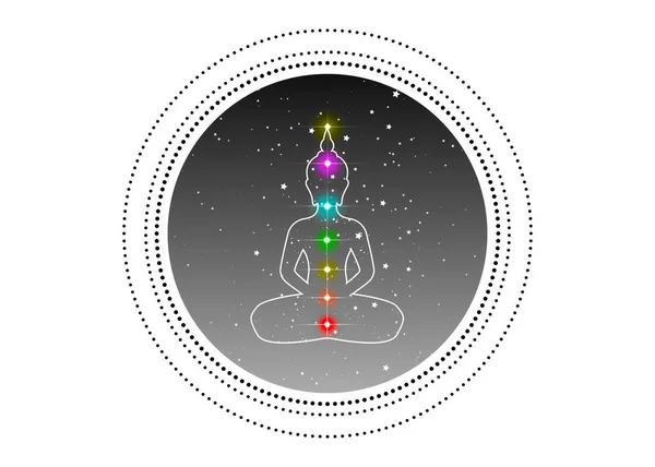 Meditando Pose Del Loto Ilustración Yoga Chakras Coloridos Diseño Logotipo — Vector de stock