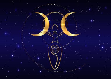 Altın spiral doğurganlık tanrıçası ve üçlü ay cadısı. Yaşam, ölüm ve yeniden doğuşun spiral döngüsü. Altın Kadın Cadı anne yeryüzü sembolü. Mavi yıldızlı gökyüzü arka planında cinsel üremenin.
