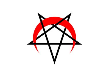 Ters çevrilmiş veya ters çevrilmiş pentagram, ters hilal kırmızı ay vektör sembolü izole edilmiş. Şeytani Sonsuz Ters Pentagram simgesi. Dini işaret. Beyaz arkaplanda Wicca ve Neopaganism