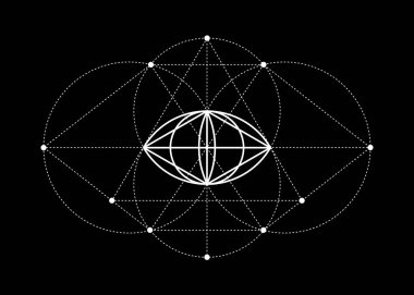 Vesica piscis Kutsal Geometri. Hepsi Gören Göz, üçüncü göz ya da Üçgen Piramidin içindeki Takdir-i İlahi. Phi 'nin gözü gizemli cennet ve dünya vektör çizimi siyah arka planda izole edilmiş.