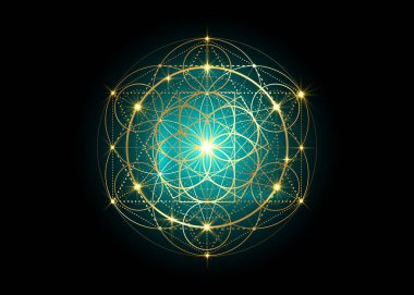Yaşam sembolü Kutsal Geometri. Simya 'nın gizemli hayat çiçeğinin geometrik mistik mandala' sı. Altın lüks tasarım, kutsal meditasyon tılsımı vektörü, siyah arka planda izole edilmiş.