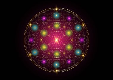 Yaşam sembolü Kutsal Geometri. Geometrik mistik Hint mandala simya ezoterik hayat çiçeği. Altın lüks tasarım, ilahi meditasyon vektörü Tibet tılsımı siyah arka planda izole edilmiş.