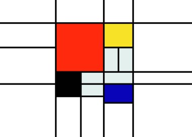 Damalı Piet Mondrian tarzı öykünme. Hollanda sanat tarihi ve Hollanda ressamı. Renkli Hollanda mozaiği ya da kontrol hattı afişi ya da kartı. Beyaz arkaplanda izole edilmiş vektör 