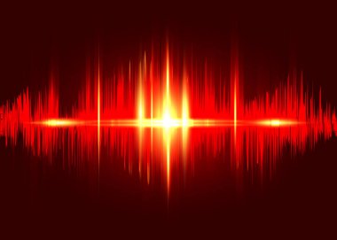  ses dalgası ritmi arka plan. Yangın dalgası dijital ses dalgası dengeleyicisi, teknoloji ve deprem dalgası konsepti, müzik endüstrisi için kırmızı ışık tayfı tasarımı. Siyah üzerine izole vektör