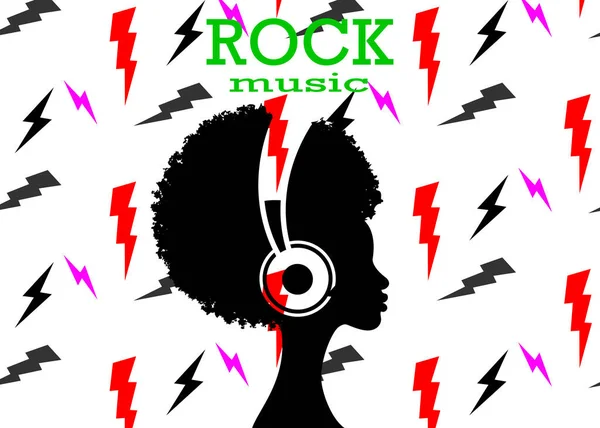 Menina Afro Ouve Música Fones Ouvido Conceito Rock Music Perfil — Vetor de Stock