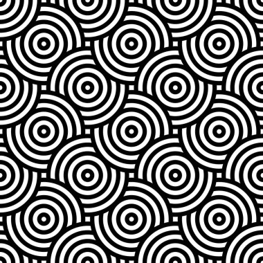 Siyah ve beyaz tekrar eden daireler çiziyor. Japon tarzı daireler, kusursuz bir arka plan. Modern spiral soyut geometrik dalga deseni, çakışan daire. Afrika baskı kumaşı kabile motifi