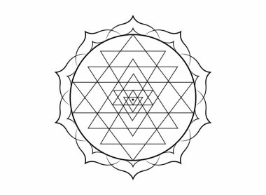 Tasarımın için Sri Yantra 'nın mistik mandala' sı. Beyaz kutsal geometri ve simya sembolü nilüfer çiçeğinde çiçek açıyor, dövme vektörü beyaz arkaplanda izole edilmiş. 