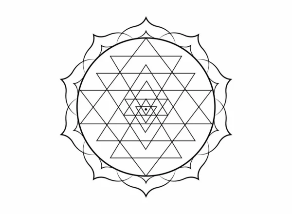 为您的设计制作了斯里兰卡延特拉的神秘曼陀罗 白色神圣的几何图形和在荷花中绽放的炼金术符号 在白色背景上分离的纹身载体 — 图库矢量图片