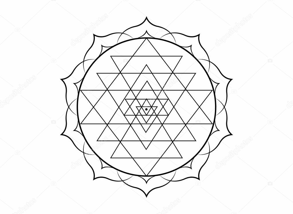 mystical mandala of Sri Yantra for your design. White sacred geometry and alchemy symbol blooming in a lotus flower, tattoo vector isolated on white background 