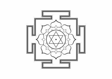 Hinduizm Bhuvaneshwari yantra Prakriti kutsal diyagramı, 6 köşeli yıldız. Yantra Dasa Mahavidya kutsal geometri kutsal mandala, vektör illüstrasyon bhupura nilüfer yaprakları beyaz arka planda izole 
