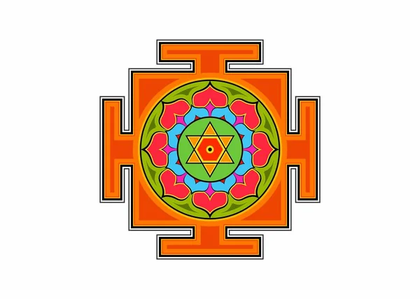 Bagalamukhi Yantra Mandala 色彩艳丽的藏人图解的生命能量 印度教Bhuvaneshwari Yantra Prakriti 玛莉迪亚 神圣几何 神圣的Bhupura荷花花瓣和6颗尖星 — 图库矢量图片