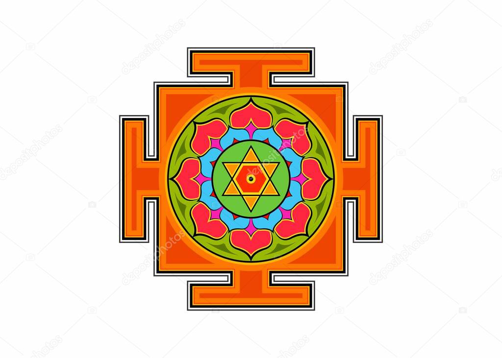 Bagalamukhi Yantra Mandala, colorful sacred Tibetan diagram the vital energy. Hinduism Bhuvaneshwari Yantra Prakriti, Dasa Mahavidya sacred geometry, divine bhupura lotus petals and 6 pointed star