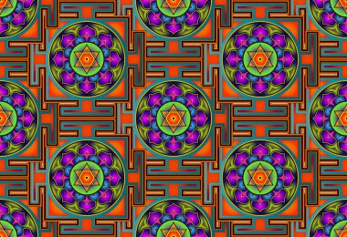Seamless Yantra Background. Bagalamukhi Yantra Mandala, colorful sacred Tibetan diagram the vital energy. Hinduism Bhuvaneshwari Yantra Prakriti, Dasa Mahavidya sacred geometry, divine bhupura lotus  clipart