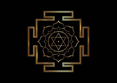 Hinduizm Bhuvaneshwari yantra Prakriti kutsal diyagramı, 6 köşeli yıldız. Altın Yantra Dasa Mahavidya kutsal geometri ilahi mandala, vektör illüstrasyon bhupura nilüfer yaprakları siyah arka planda izole 
