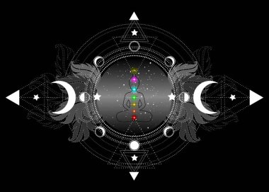 Çakra konsepti. İç sevgi, ışık ve huzur. Mandala nilüfer çiçeği ve ay aşamaları üzerinde nilüfer pozisyonunda Buda silueti, kutsal geometri, ruhani yoga. Siyah arkaplanda izole edilmiş vektör 