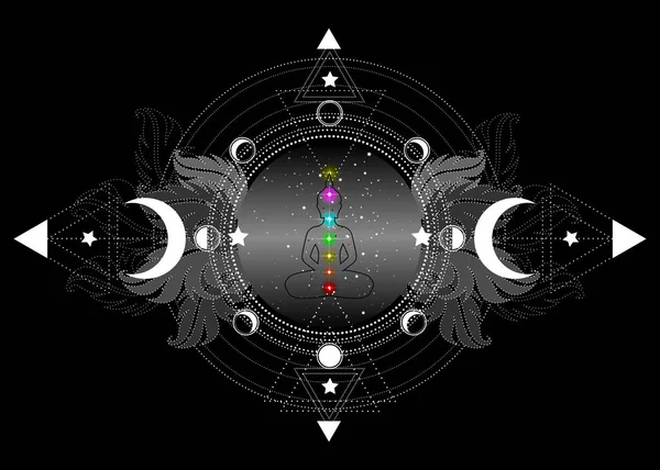 查克拉的概念内心的爱 光明与和平 佛像的轮廓在荷花和月亮的华丽的曼达罗荷花之上 是神圣的几何图形 精神瑜珈 在黑色背景上孤立的向量 — 图库矢量图片