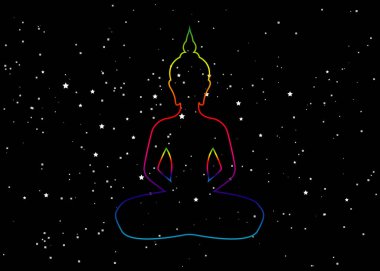 Siyah arka planda izole edilmiş yıldızlı ve boşluğu olan Buda 'nın silueti. Vektör çizimi. Klasik kompozisyon. Hintli, Budizm, ruhani motifler. Dövme, yoga, maneviyat..