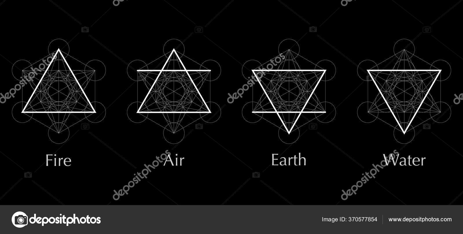 quatro ícones de elementos, linha, triângulo e símbolos redondos definir  modelo. ar, fogo, água, símbolo da terra. pictograma de desenho de mão.  símbolos de alquimia isolados no fundo branco 5823440 Vetor no