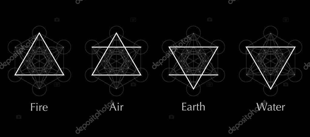 Four elements icons, line, triangle and round symbols set template. Air, fire, water, earth symbol. Pictograph. Alchemy symbols isolated on black background. Magic vector decorative elements