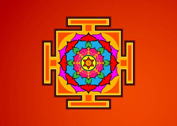 Bagalamukhi Yantra Mandala 色彩艳丽的藏人图解的生命能量 印度教Bhuvaneshwari Yantra Prakriti 玛莉迪亚 神圣几何 神圣的Bhupura荷花花瓣和6颗尖星 — 图库矢量图片