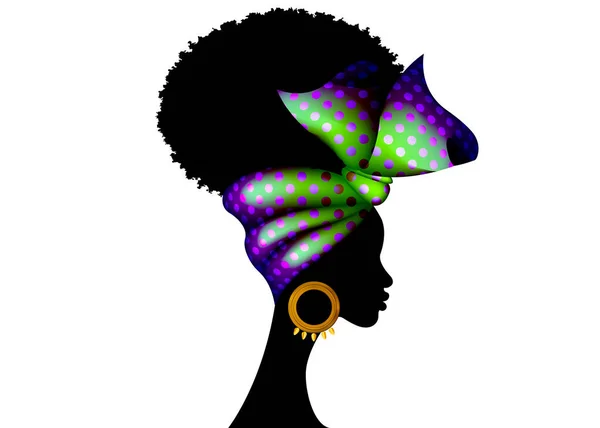 Retrato Mujer Africana Lleva Bandana Moda Para Peinados Rizados Shenbolen — Vector de stock