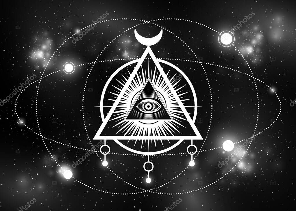 Sacred Masonic symbol. All Seeing eye, the third eye (The Eye of Providence)  inside triangle pyramid. New World Order. Isolated on galaxy background. Vector illustration. Print, poster, T-shirt, card