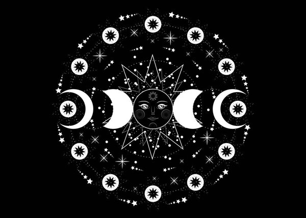 Triple moon, pagan Wiccan goddess symbol, sun system, moon phases, orbits of planets, energy circle. Sacred geometry of the wheel of the year, vector isolated on transparent black background