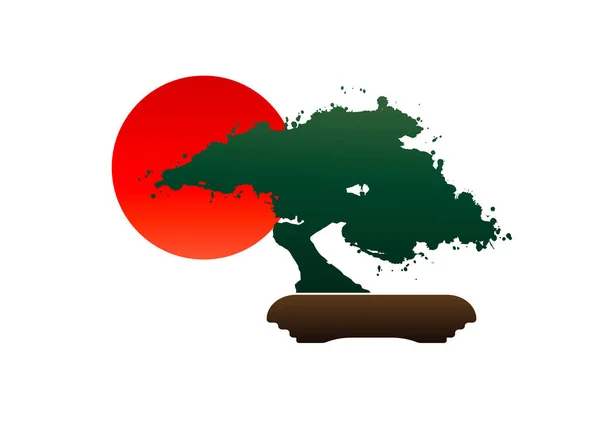 Japán Bonsai Logó Fekete Növény Sziluett Ikonok Fehér Háttér Zöld — Stock Vector