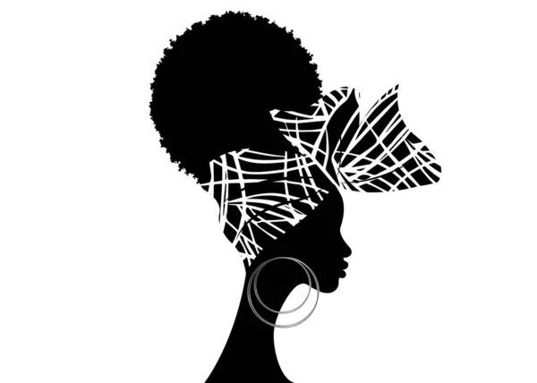ポートレートアフリカの女性は 巻き毛のためのバンダナを身に着けています シェンボレンアンカラヘッドラップ女性 部族のゼブラ生地のデザインのテクスチャでアフロ伝統的なヘッドタイスカーフターバン 白に隔離されたベクトル — ストックベクタ