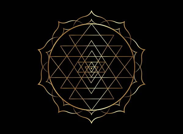 为您的设计制作了斯里兰卡延特拉的金神秘曼陀罗 金色神圣的几何图形和金莲花中的炼金术符号盛开 在黑色背景上隔绝的载体 — 图库矢量图片