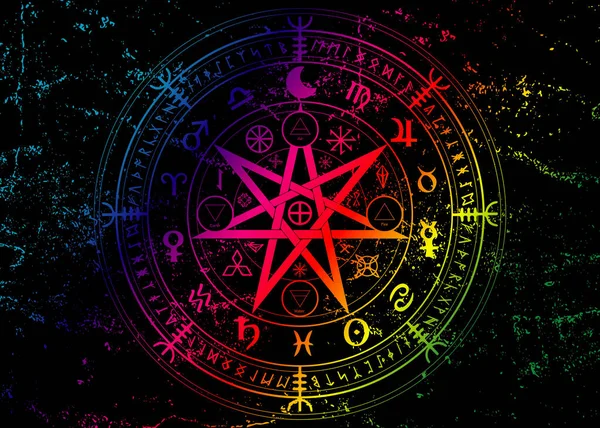 Wiccan保护的象征五彩缤纷的曼达拉女巫在哭泣 神秘的巫术占卜 古老的神秘符号 地球黄道带的年度巫术星座 向量分离于黑色 — 图库矢量图片