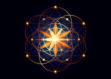 Seed of life symbol Sacred Geometry.  Geometric mystic mandala of alchemy esoteric Flower of Life. Gold luxury design, vector divine meditative amulet isolated on dark blue background clipart