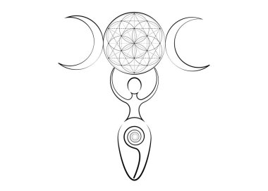Spiral doğurganlık tanrıçası ve üçlü ay cadısı. Hayatın spiral döngüsü, Hayat Çiçeği. Kadın, cinsel üremenin sembolü, vektör dövmesi simgesi, beyaz üzerine izole edilmiş. 