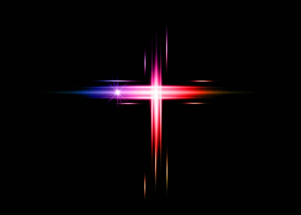 Cruz Luz Brillante Láser Colores Cruz Símbolo Cristiandad Signo Estilo — Vector de stock