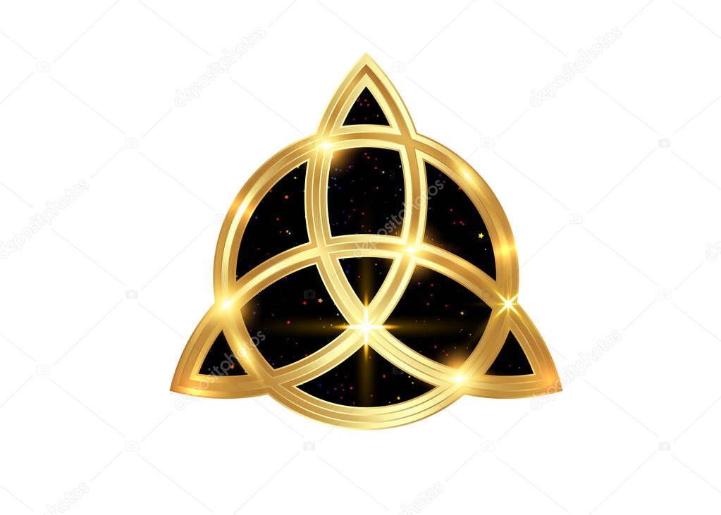 Triquetra geometric logo, Gold Trinity Knot, Wiccan symbol for protection. Vector golden Celtic trinity knot set isolated on white background. Wiccan divination symbol, ancient occult sign