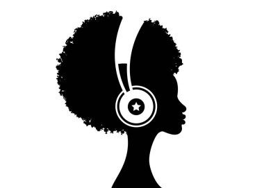 Afro kız kulaklıkla müzik dinliyor. Müzik terapisi. Genç bir Afro-Amerikan kadının profili. Müzisyen avatar bakış açısı. Beyaz arkaplanda izole edilmiş vektör düz illüstrasyon